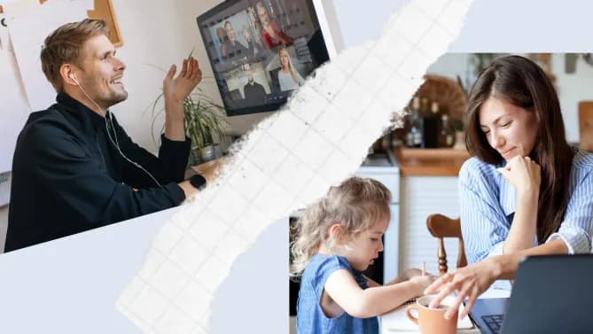 man working at home office, woman working in kitchen with child