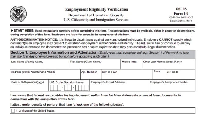 A screenshot of the top half of the I-9 form