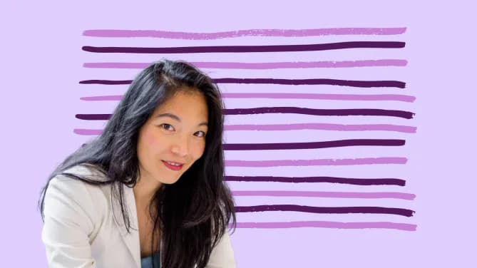 Fairygodboss CEO Georgene Huang smiling on a purple background